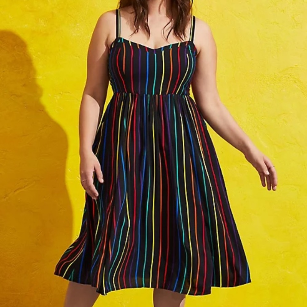Torrid Celebrate Love Midi Dress - Challis Black Rainbow Stripe